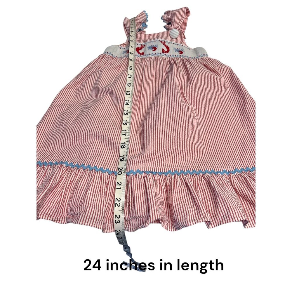 Shrimp & Grits Kids Red Striped Cotton Smocked Lobster Dress With Ruffle Straps - Picture 7 of 7